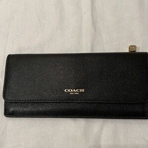 Coach Black Saffiano Leather Continental Wallet with Gold Accent